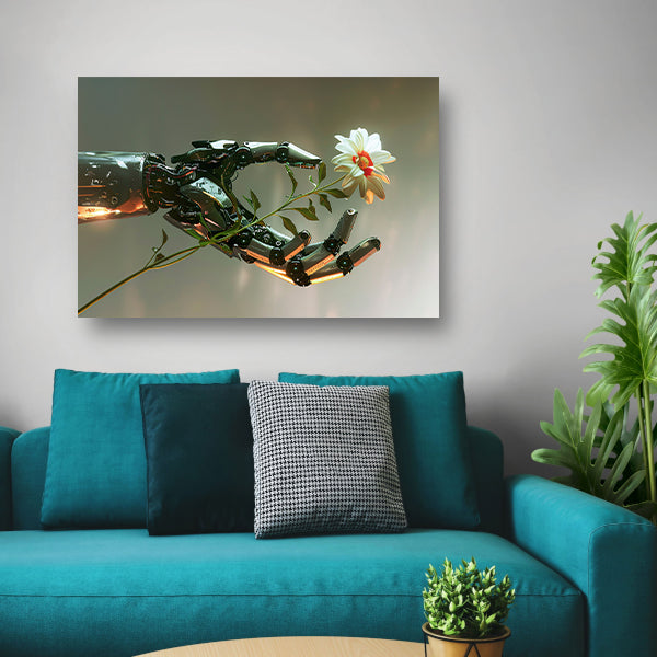Hyperrealistische robotarm met bloem in contrast acrylglas