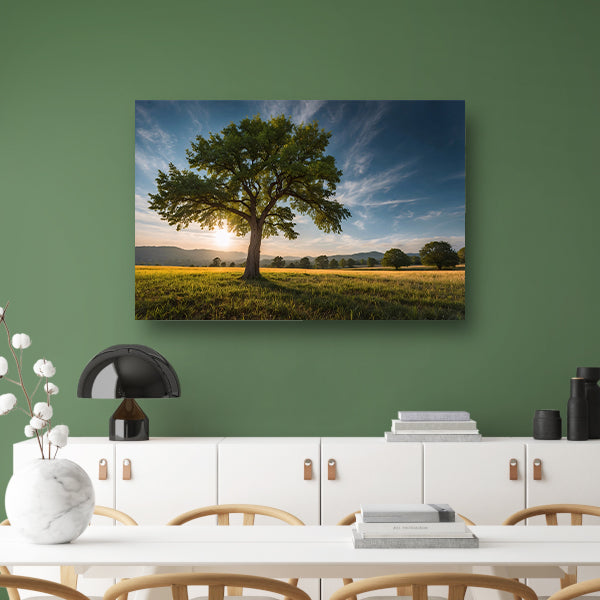 Majestueuze boom bij zonsondergang in veld poster