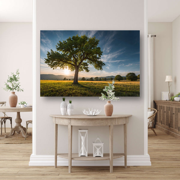 Majestueuze boom bij zonsondergang in veld poster