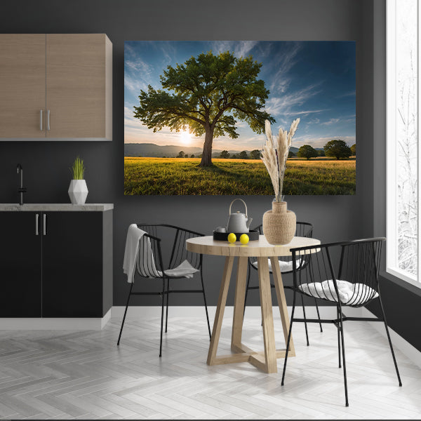 Majestueuze boom bij zonsondergang in veld poster