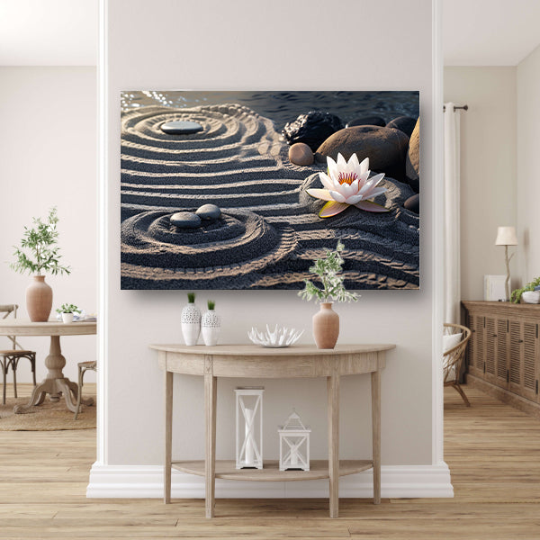 Zen tuin met bloem en stenen poster