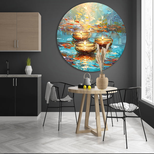 Abstracte schilderij van drijvende kaarsen aluminium muurcirkel