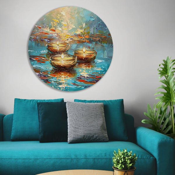 Abstracte schilderij van drijvende kaarsen aluminium muurcirkel