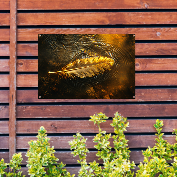Gouden veer drijvend op een waterige zonsondergang tuinposter