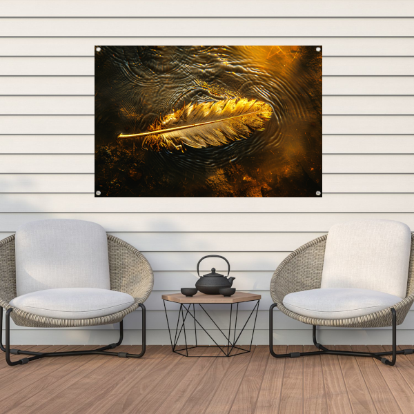 Gouden veer drijvend op een waterige zonsondergang tuinposter