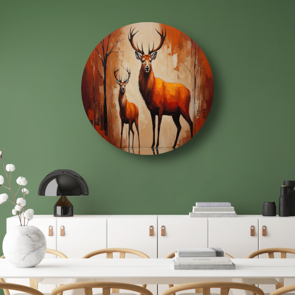 Elegante herten in oranje herfstglorie aluminium muurcirkel