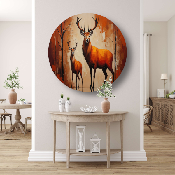 Elegante herten in oranje herfstglorie aluminium muurcirkel