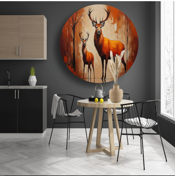 Elegante herten in oranje herfstglorie aluminium muurcirkel