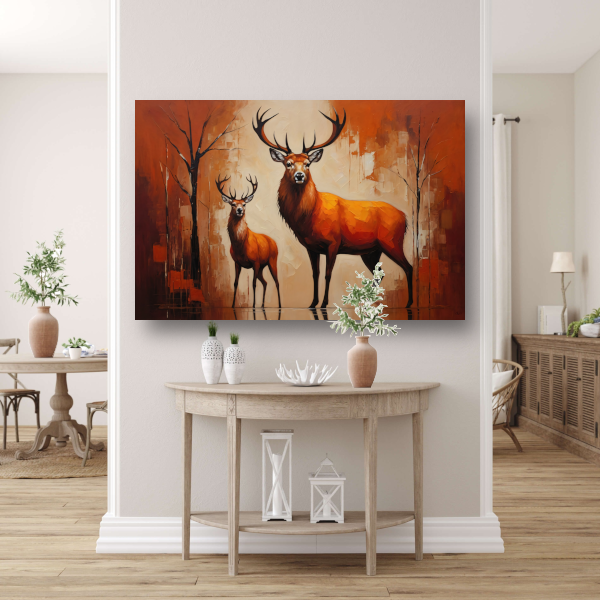 Elegante herten in oranje herfstglorie canvas met baklijst