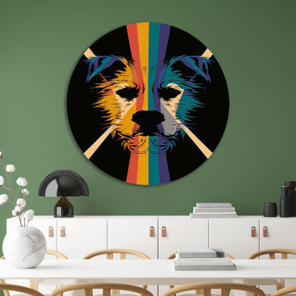 Kleurrijke en abstracte hond in kunstwerk aluminium muurcirkel
