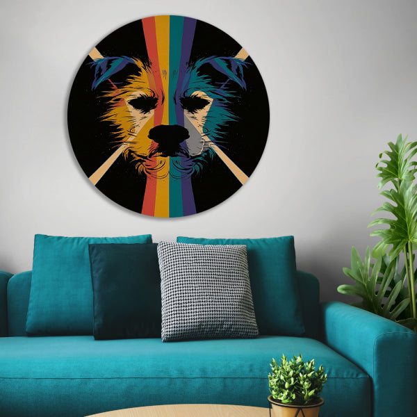 Kleurrijke en abstracte hond in kunstwerk aluminium muurcirkel