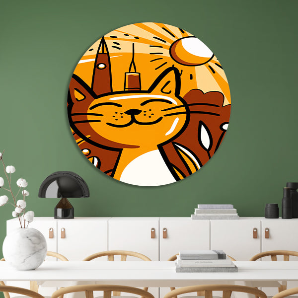 Vrolijk minimalistisch schilderij van een kat aluminium muurcirkel