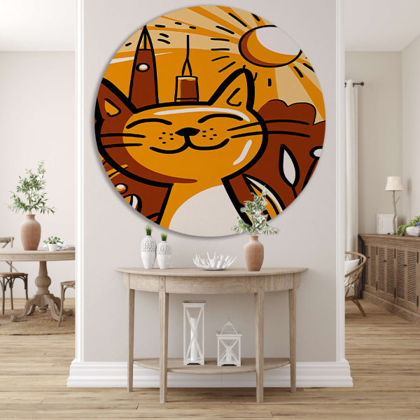 Vrolijk minimalistisch schilderij van een kat aluminium muurcirkel