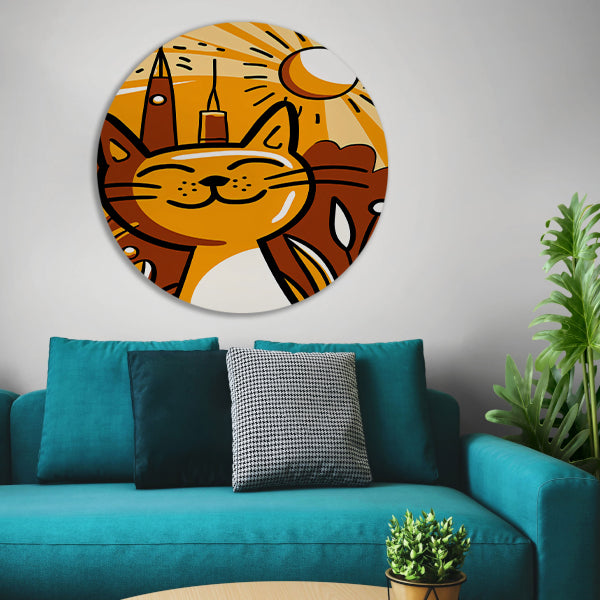 Vrolijk minimalistisch schilderij van een kat aluminium muurcirkel