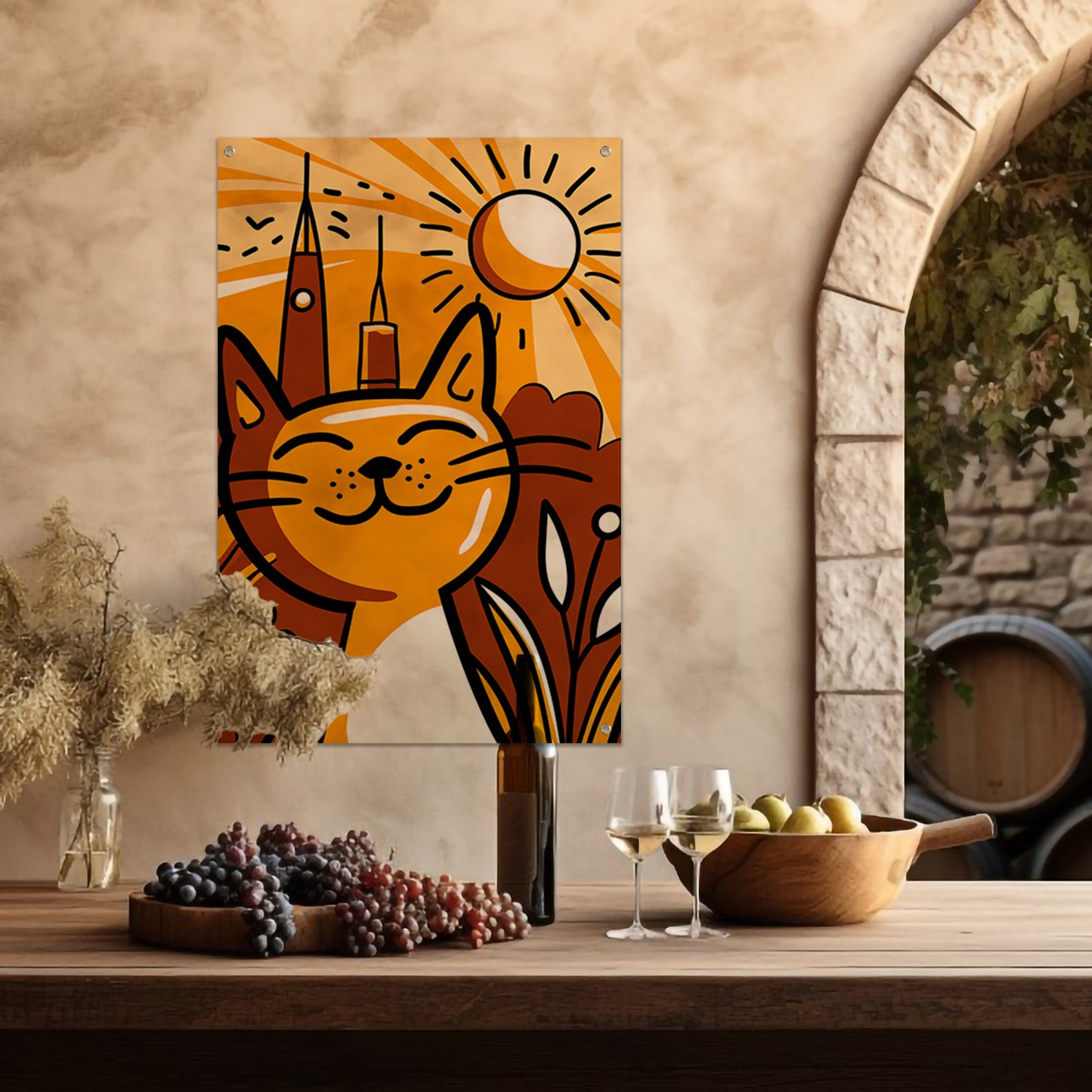 Vrolijk minimalistisch schilderij van een kat tuinposter