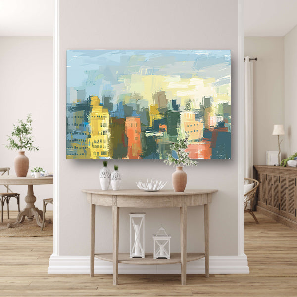 Kleurrijk abstracte skyline schilderij op doek poster