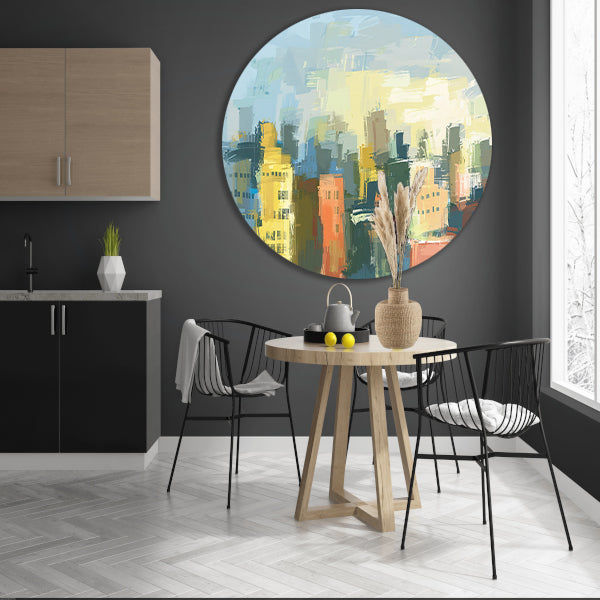 Kleurrijk abstracte skyline schilderij op doek aluminium muurcirkel