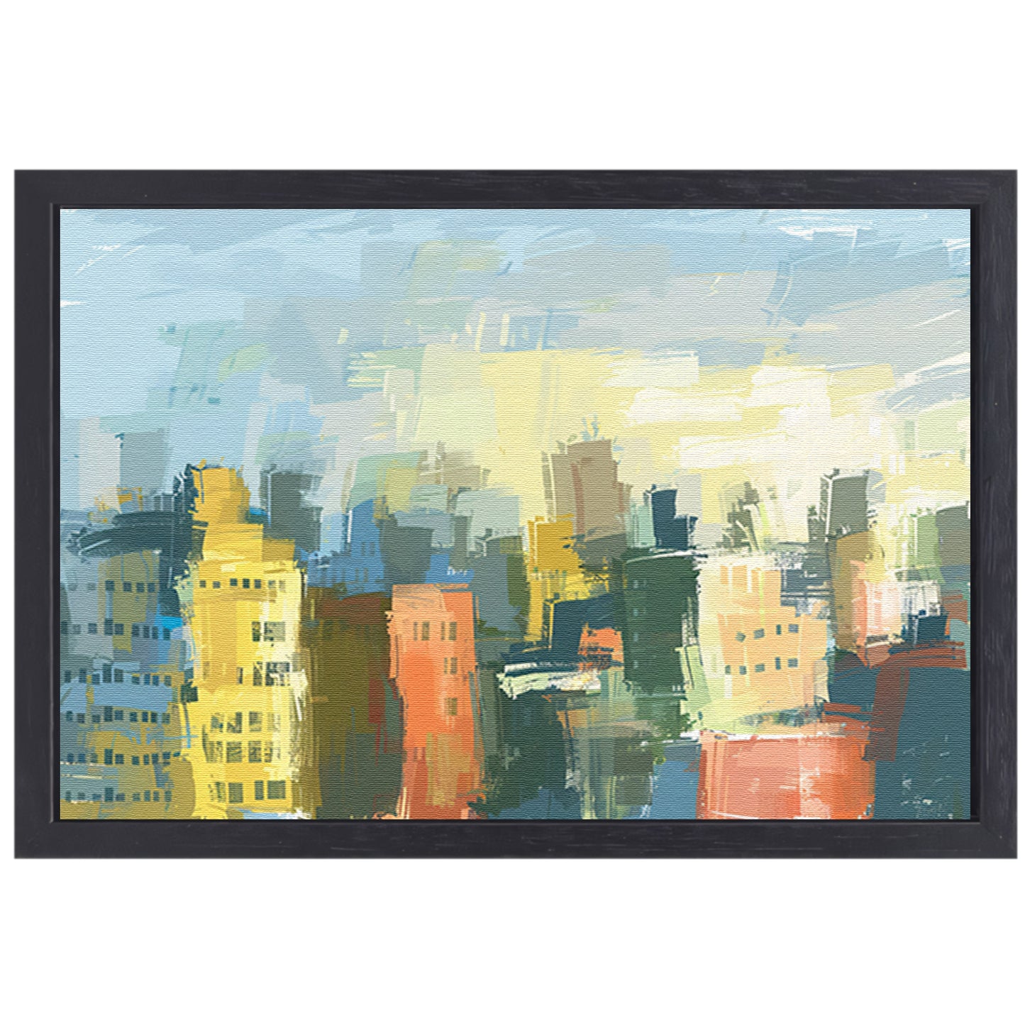 Kleurrijk abstracte skyline schilderij op doek canvas met baklijst
