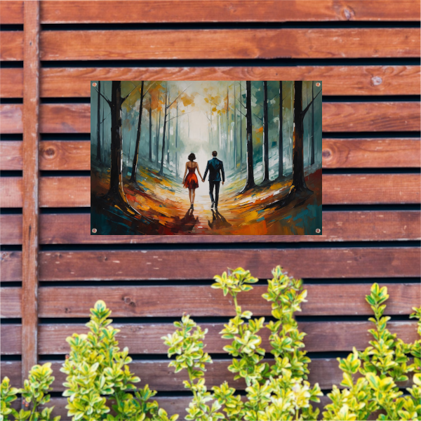 Romantische wandeling in abstract bos tuinposter