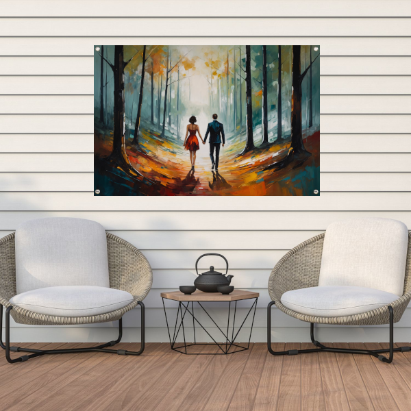 Romantische wandeling in abstract bos tuinposter