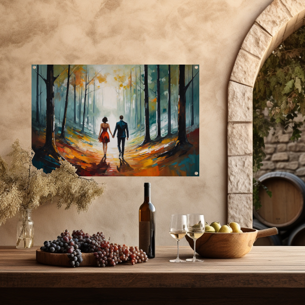 Romantische wandeling in abstract bos tuinposter