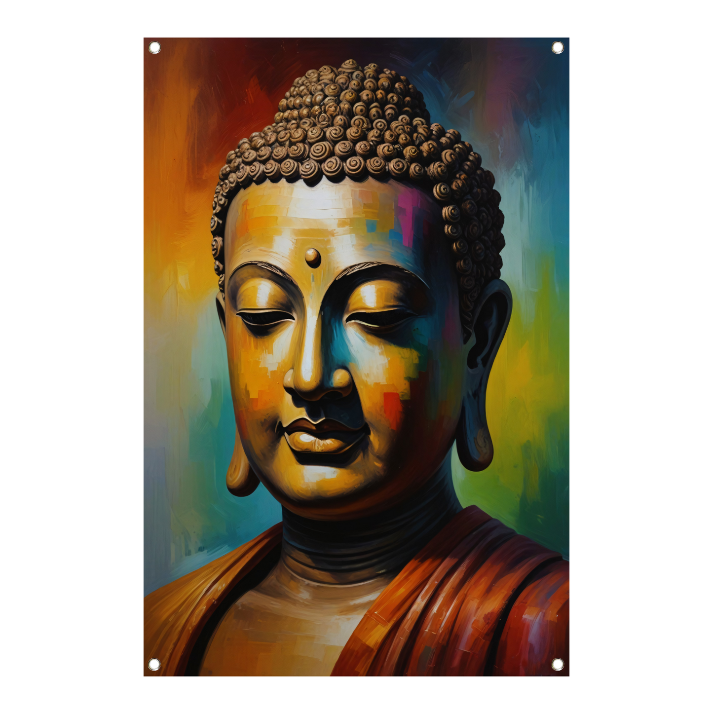 Boeddha in meditatie met kleurrijk palet tuinposter