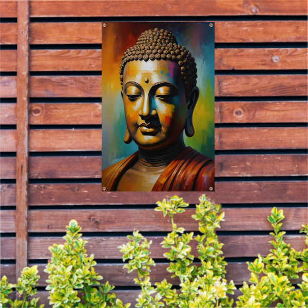 Boeddha in meditatie met kleurrijk palet tuinposter