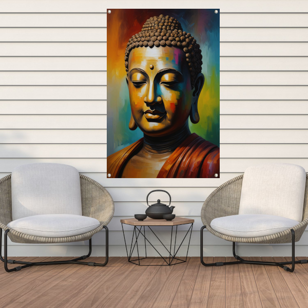 Boeddha in meditatie met kleurrijk palet tuinposter