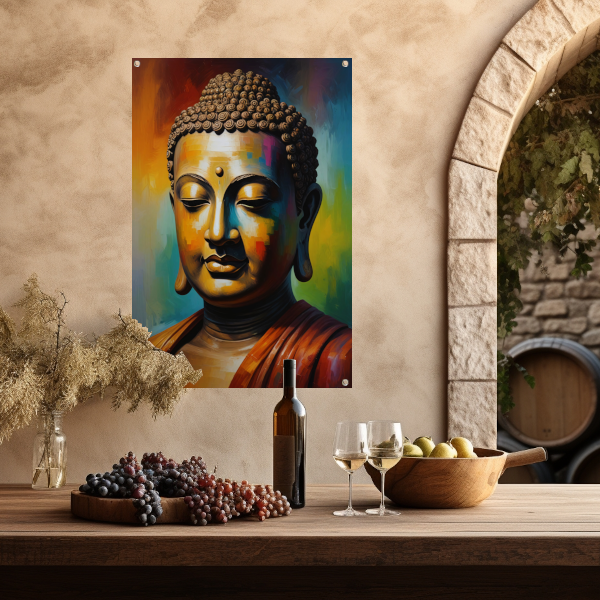 Boeddha in meditatie met kleurrijk palet tuinposter