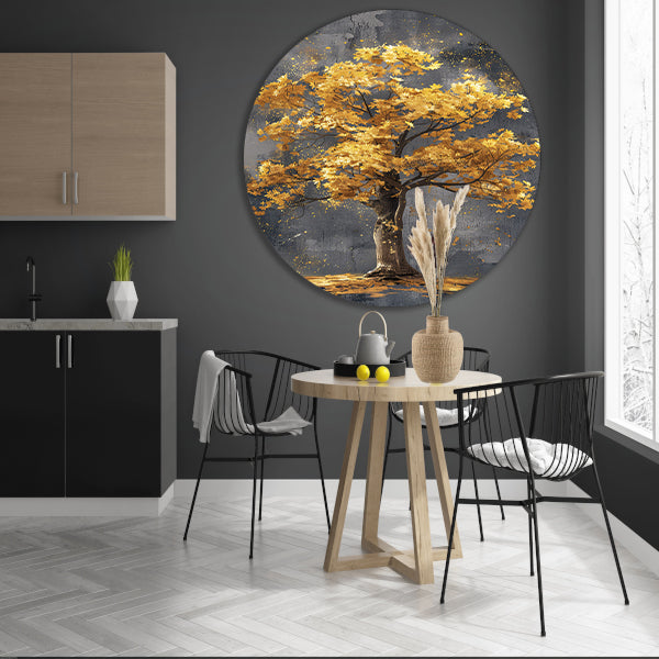 Schilderij van een boom met gouden bladeren aluminium muurcirkel
