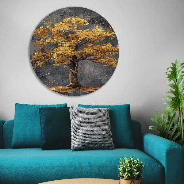 Schilderij van een boom met gouden bladeren aluminium muurcirkel