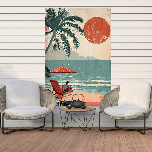 Ontspannen man op strand met parasol tuinposter