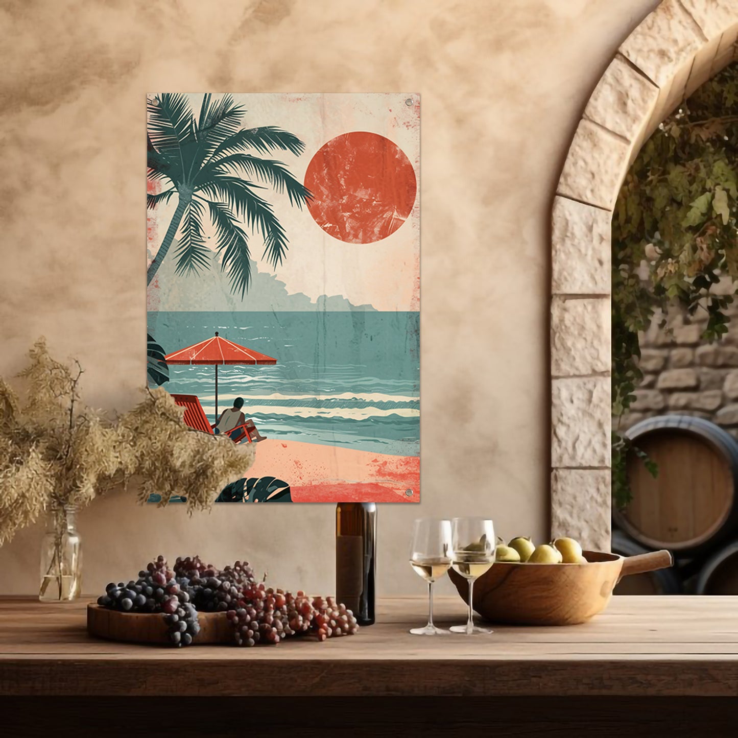 Ontspannen man op strand met parasol tuinposter