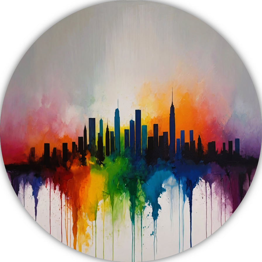 Skyline gesmolten in zonsondergangkleuren aluminium muurcirkel