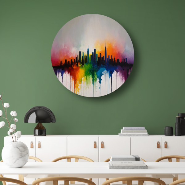Skyline gesmolten in zonsondergangkleuren aluminium muurcirkel