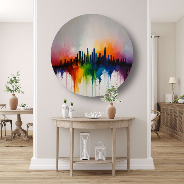 Skyline gesmolten in zonsondergangkleuren aluminium muurcirkel