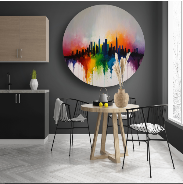 Skyline gesmolten in zonsondergangkleuren aluminium muurcirkel