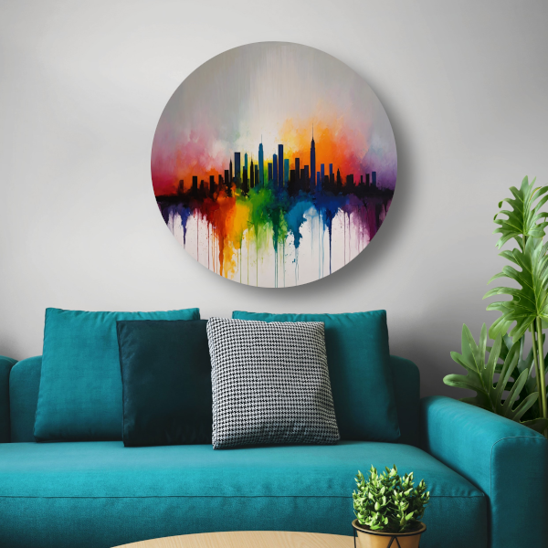 Skyline gesmolten in zonsondergangkleuren aluminium muurcirkel