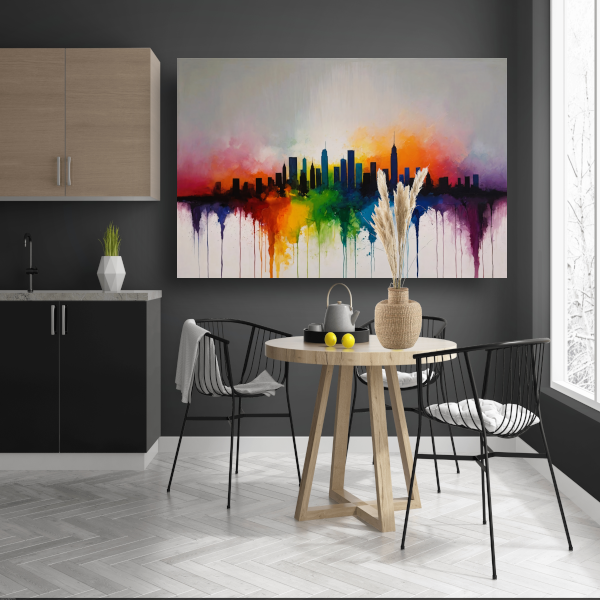 Skyline gesmolten in zonsondergangkleuren poster