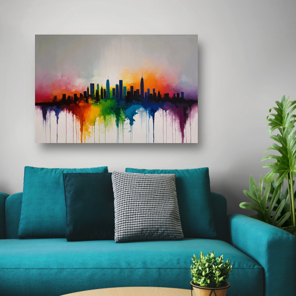 Skyline gesmolten in zonsondergangkleuren poster