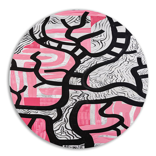 Abstracte boom met roze en zwart aluminium muurcirkel