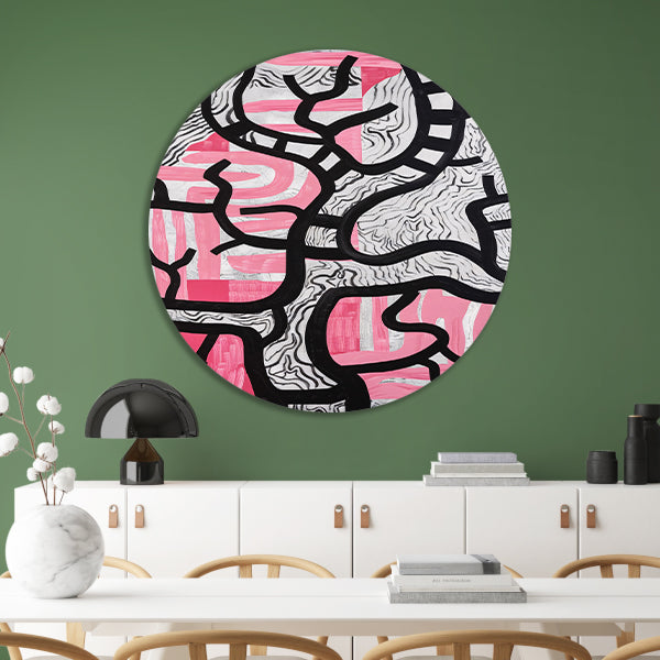 Abstracte boom met roze en zwart aluminium muurcirkel