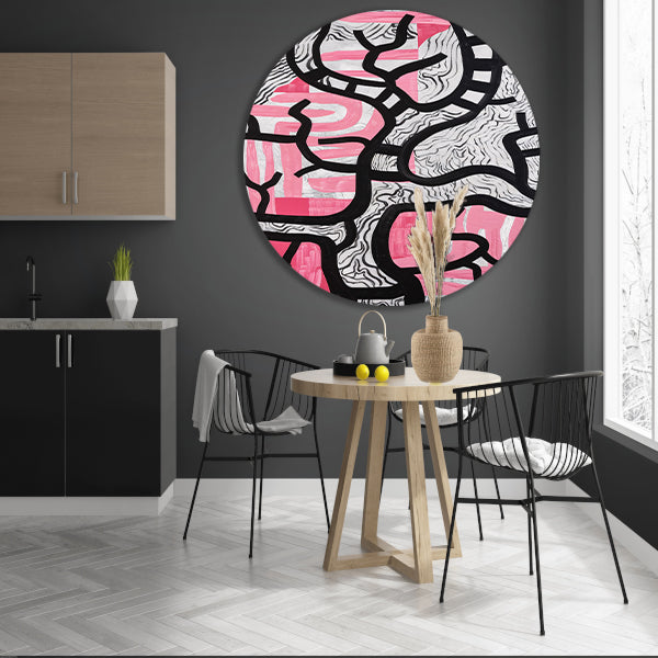 Abstracte boom met roze en zwart aluminium muurcirkel