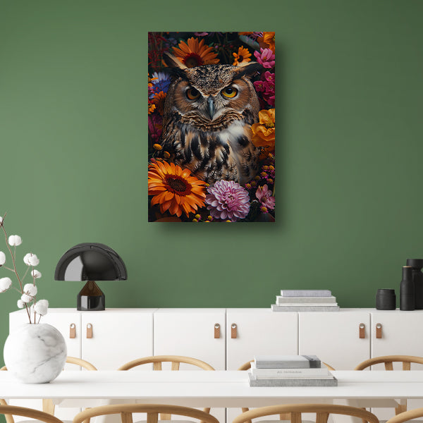 Intrigerende Uil omringd door Kleurrijke Bloei canvas