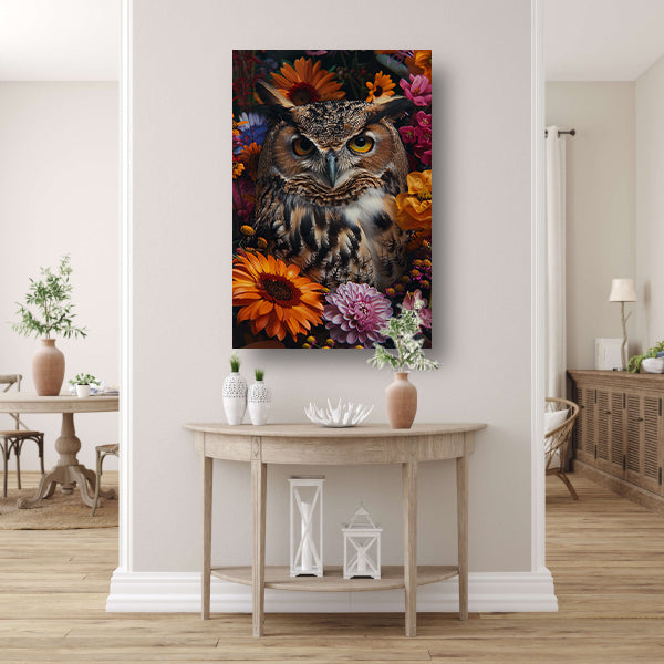 Intrigerende Uil omringd door Kleurrijke Bloei canvas