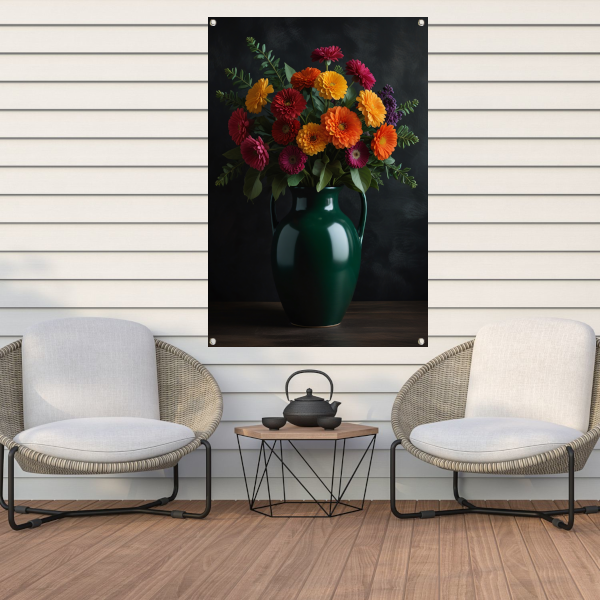 Levendig Bloemenboeket in Elegante Groene Vaas tuinposter