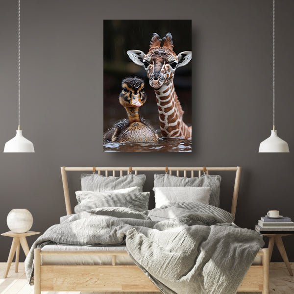 Jonge giraf en eendenkuiken in de regen poster