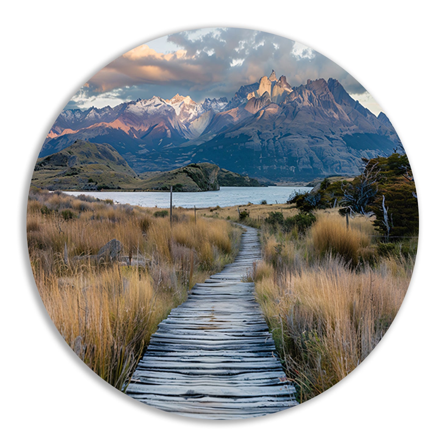Prachtig Patagonisch landschap met houten pad aluminium muurcirkel