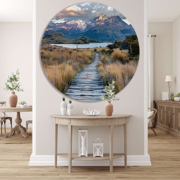Prachtig Patagonisch landschap met houten pad aluminium muurcirkel