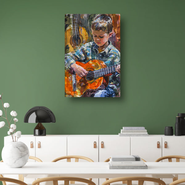 Jongen Speelt Op Kleurrijk Gitaar poster
